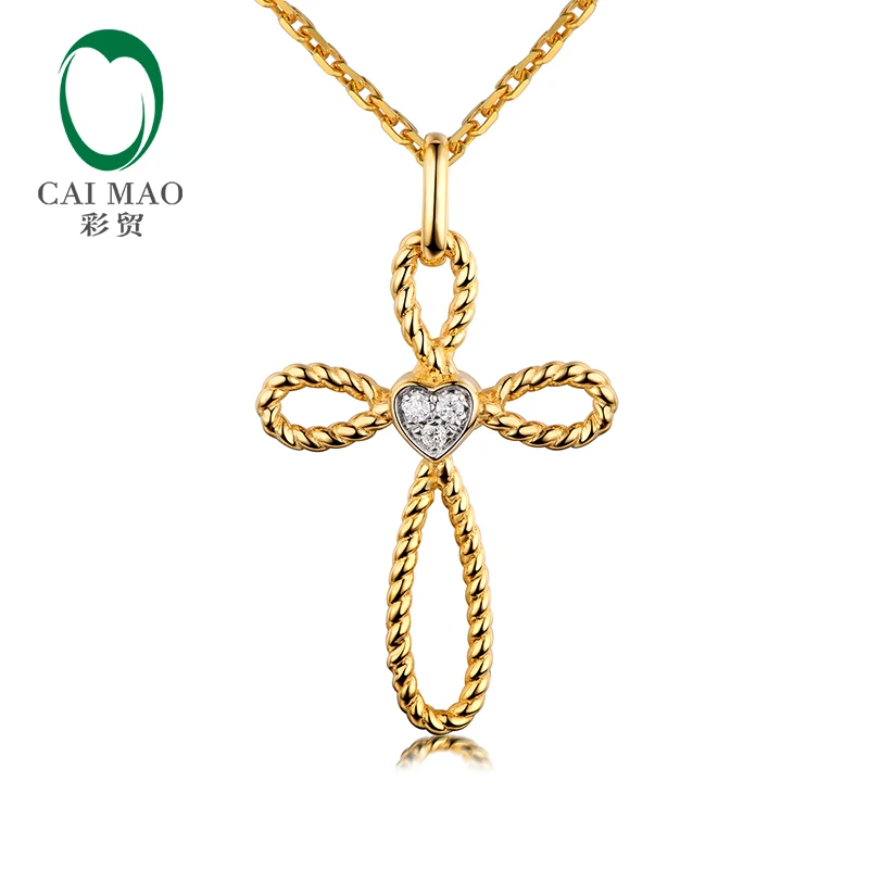 

Caimao Twisted Rope Cross Heart Shape Natural Diamonds Real 14k 585 Yellow Gold Pendant for Women