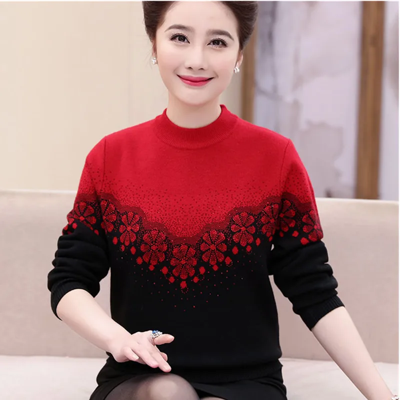 Autumn Winter Sweater Middle-Aged Women Turtleneck Sweater Thick Warm Fashion Print Women Noble Pullover Sweater W294