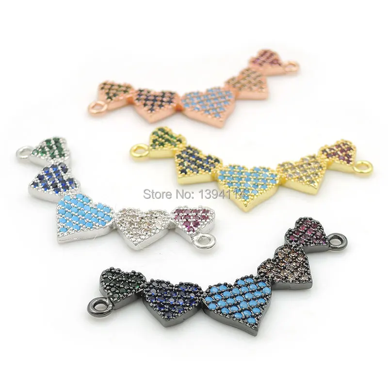 32*15*2mm Micro Pave CZ Of Mixing Colors Combination Arc Of 5 Hearts Charm Of Double Circles Fit As Necklaces Accessory