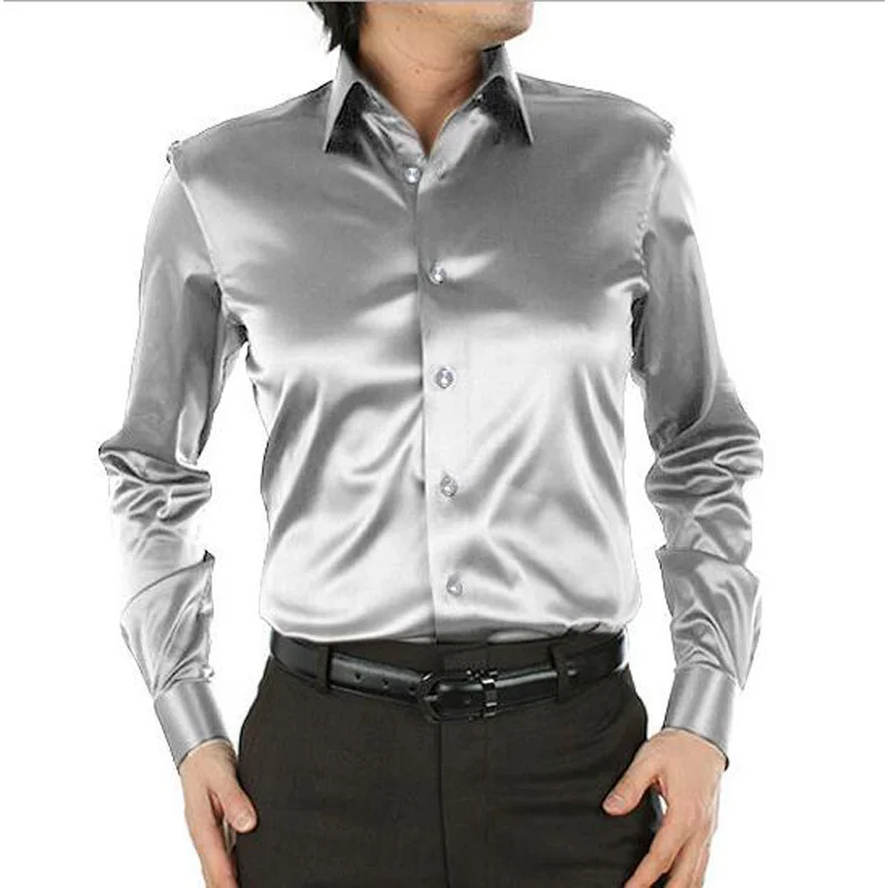 

Men Shirt Fashion Simulated Silk Shirt Satin Mens Long Sleeve Camisa Hombre Couples Shirt Wedding Dress