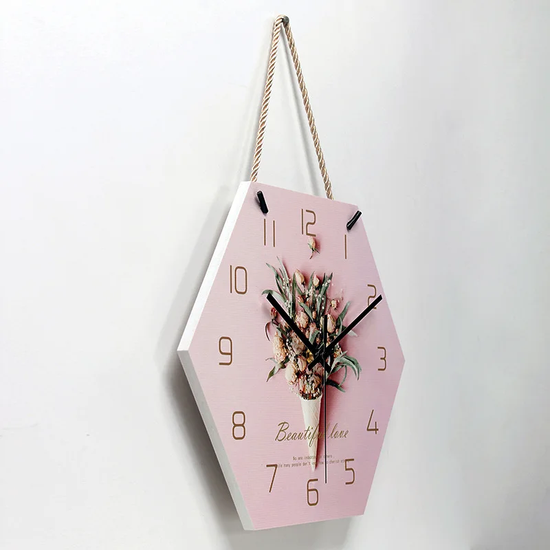 Beautiful art hexagon pink home wall clock Brief flower pattern office decoration wall clock NO Frame