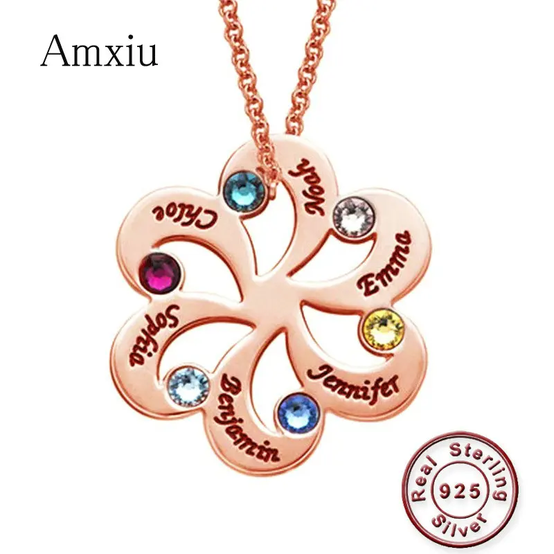 Amxiu Personalized Family Name Necklace Engrave Six Names 925 Sterling Silver Necklace with Birthstones Flower Pendant Jewelry