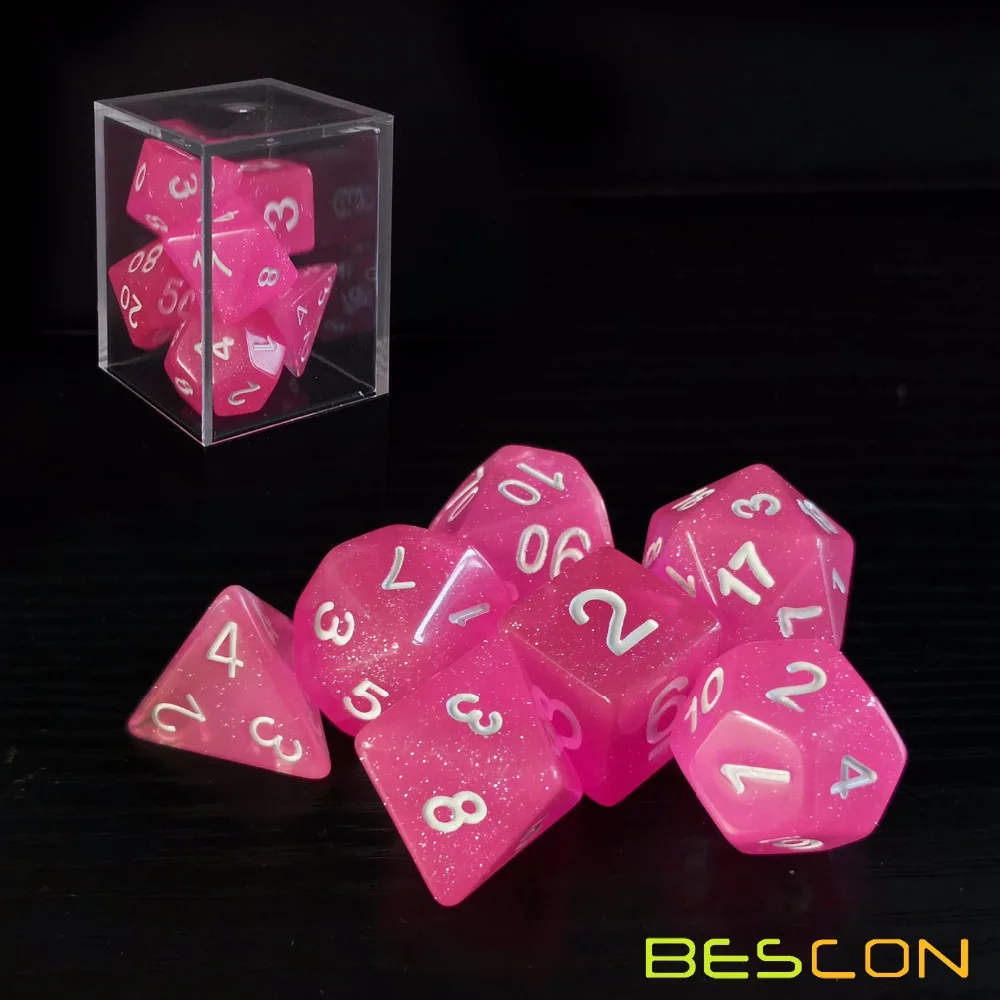 Bescon Intensive Glitter Dice 7pcs Set PINK PRINCESS, New Glitter RPG Dice Set d4 d6 d8 d10 d12 d20 d%, Brick Box Packaging