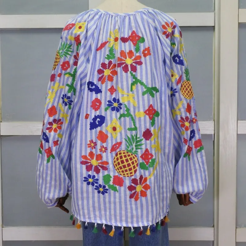 Vintage Embroidery Shirts Women Tunic Summer Clothing Loose Long Sleeve Lace-up Fringes White Cotton Ethnic Blouse Shirt Blusas