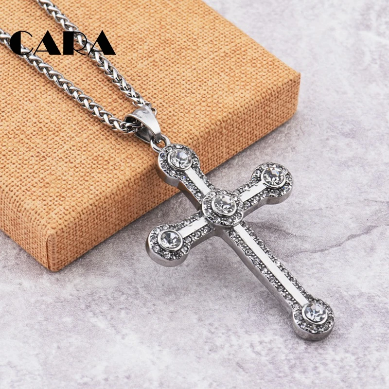 NEW arrival 316L stainless steel rhinestone cross necklace pendant Christian cross pendant snake chain hip hop necklace CAGF0326