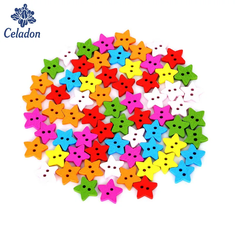 100pcs 15mm Mixed Star 2 Holes Wooden Buttons Sewing Craft Scrapbooking DIY  For Wedding Decor