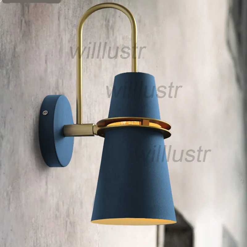 

Iron Trumpet Shade Wall Lamp Horn Shape Macaron Color Sconce Nordic Style Bedside Aisle Hotel Restaurant Light Black Blue White