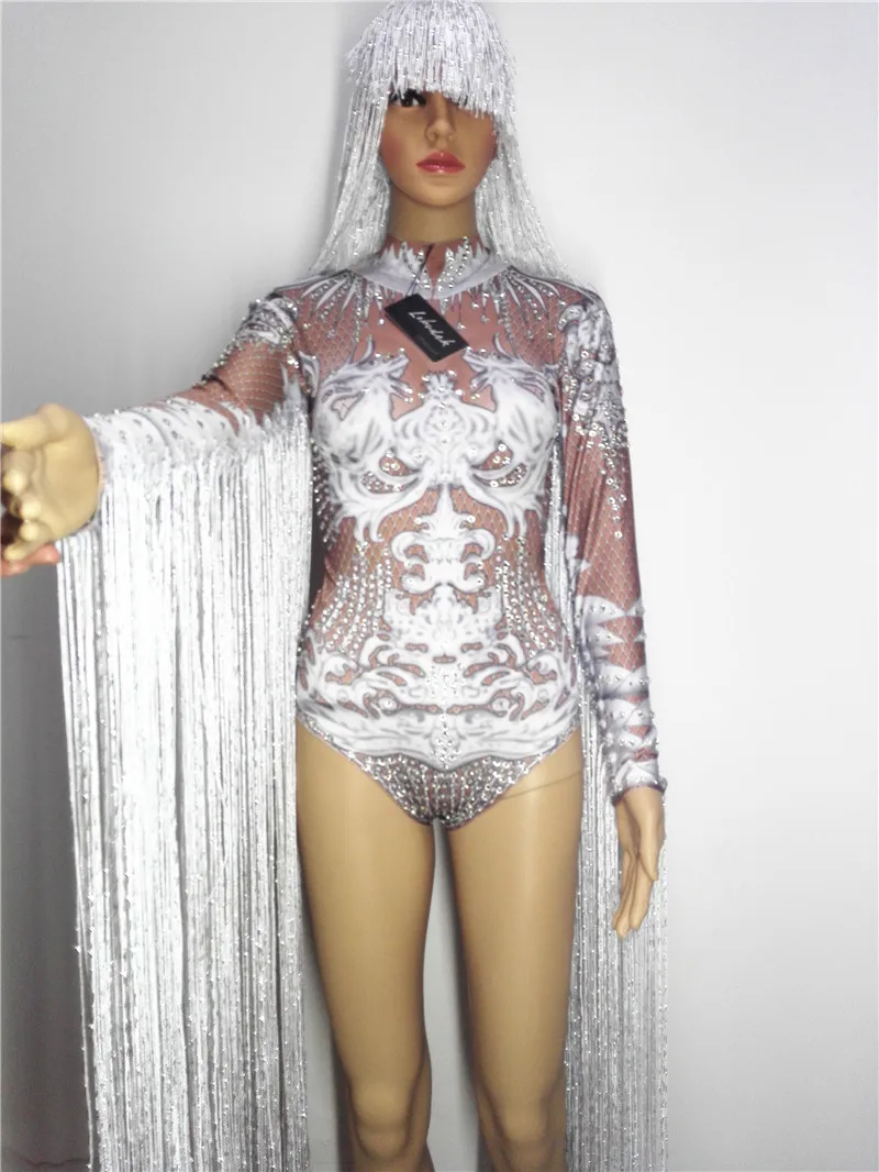 Female Crystals tassels Bodysuit sexy Bright crystal fish scale Jumpsuit singer dancer nightclub Stag Party costumes Bar DJ show