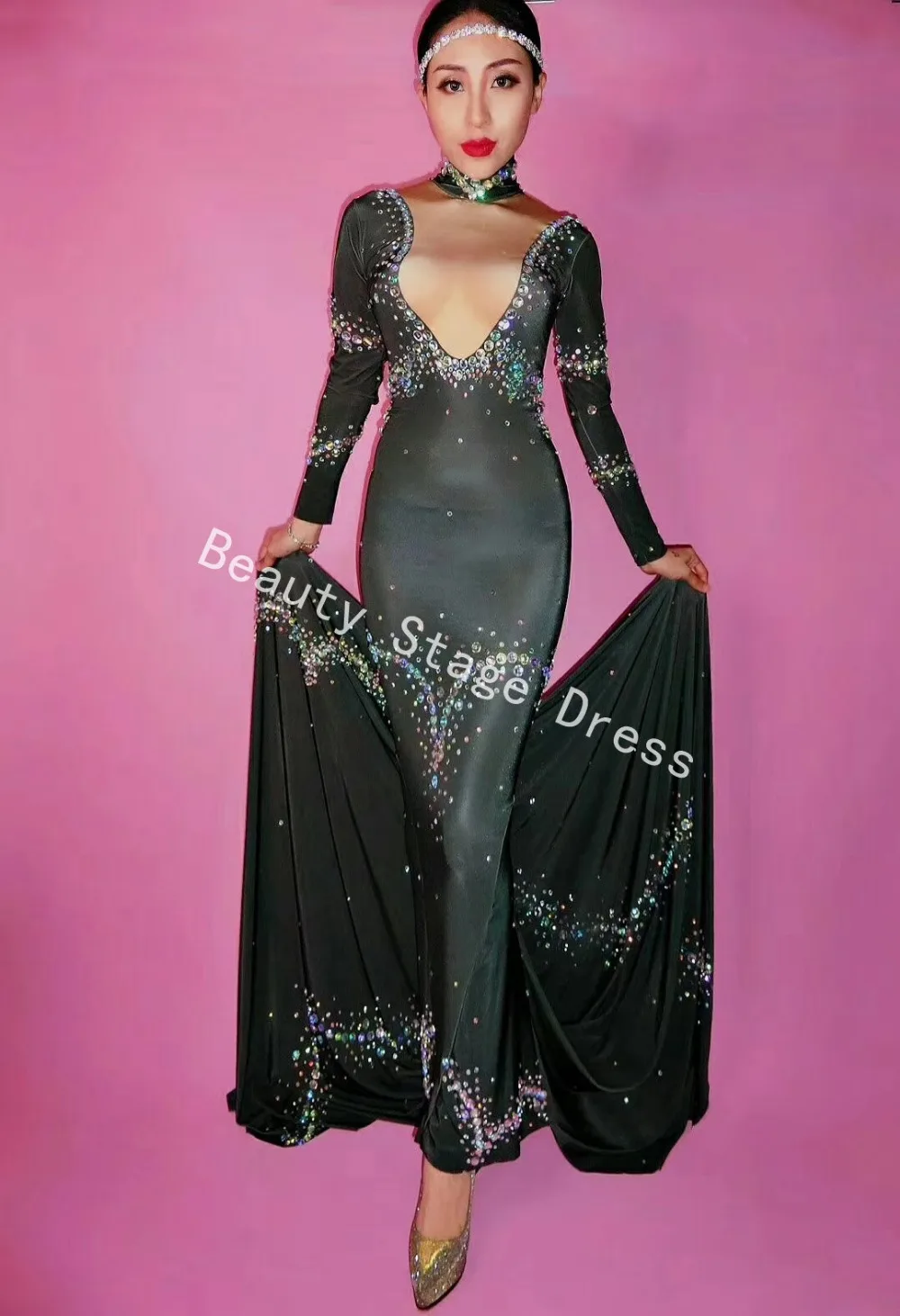 Colorful Rhinestones Long Dress Women Sexy Big Tail black Dress Female Singer Costume Birthday Party Women Dance Nightclub Dress