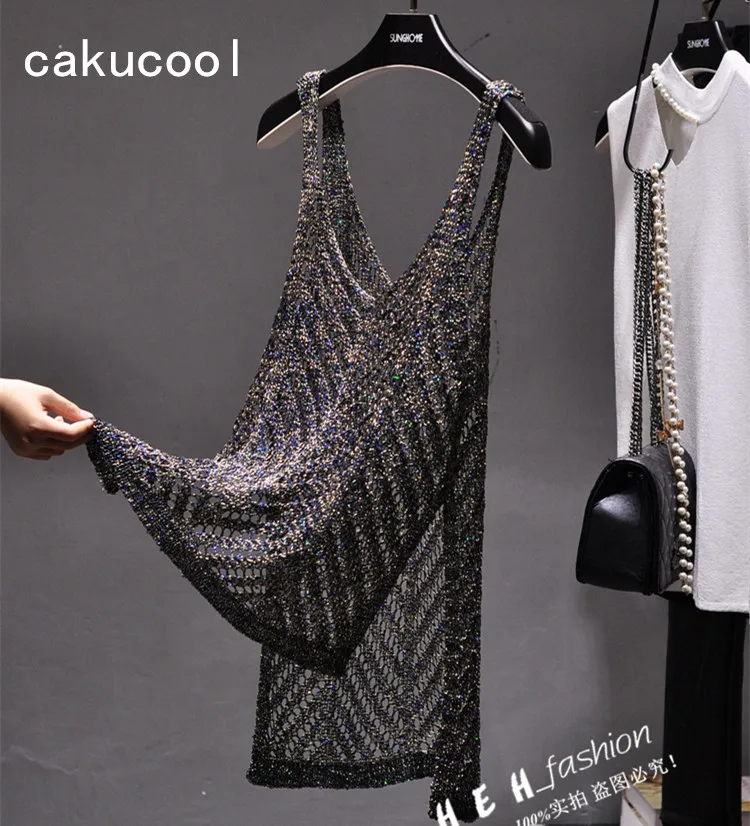 Cakucool Hollow Out Knit Tanks Summer Women Tops Beading Shiny Deep V-neck Holes Camis Bohemian Slit Blue Gold Camisole Female