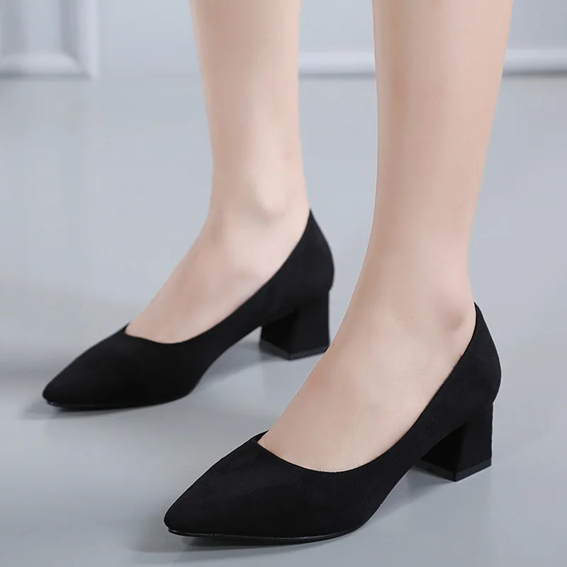 Glglgege 5 Colors Pointed Top Strappy Pumps Med High Thick Heels Flock Shoes 2022 New Woman Shoes Female Office & Career Shoes