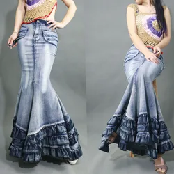 Women's Fish Tail Mermaid Style Denim Skirt, Long Maxi, Ruffles, Stretch Jeans, Patchwork Skirt, Vintage, New Fashion, S-XL,