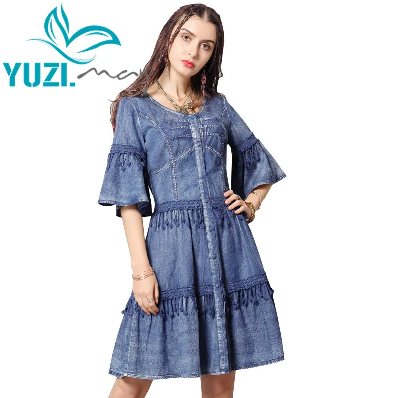 

Summer Dress 2019 Yuzi.may Boho New Denim Women Dresses O-Neck Single Breasted Tassels Flare Sleeve Vestidos Femininos A82151