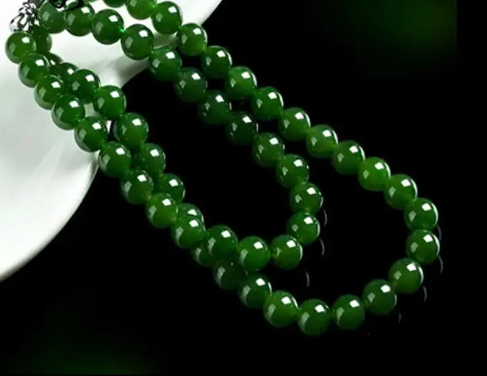 

fine jewelry 6-10mm Round beads Kunlun stone spinach green Male and female models bead necklace