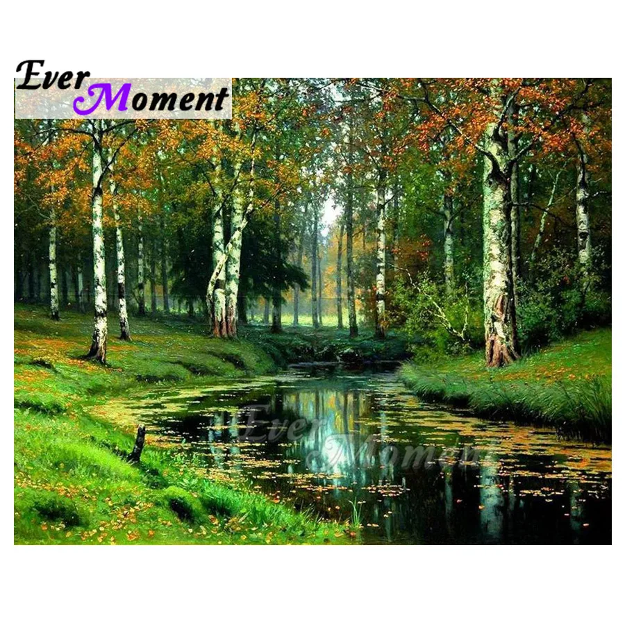 

Ever Moment Diamond Painting Forest River Birch Full Square Drill Picture Rhinestone Diamond Embroidery Decoration Home ASF1671