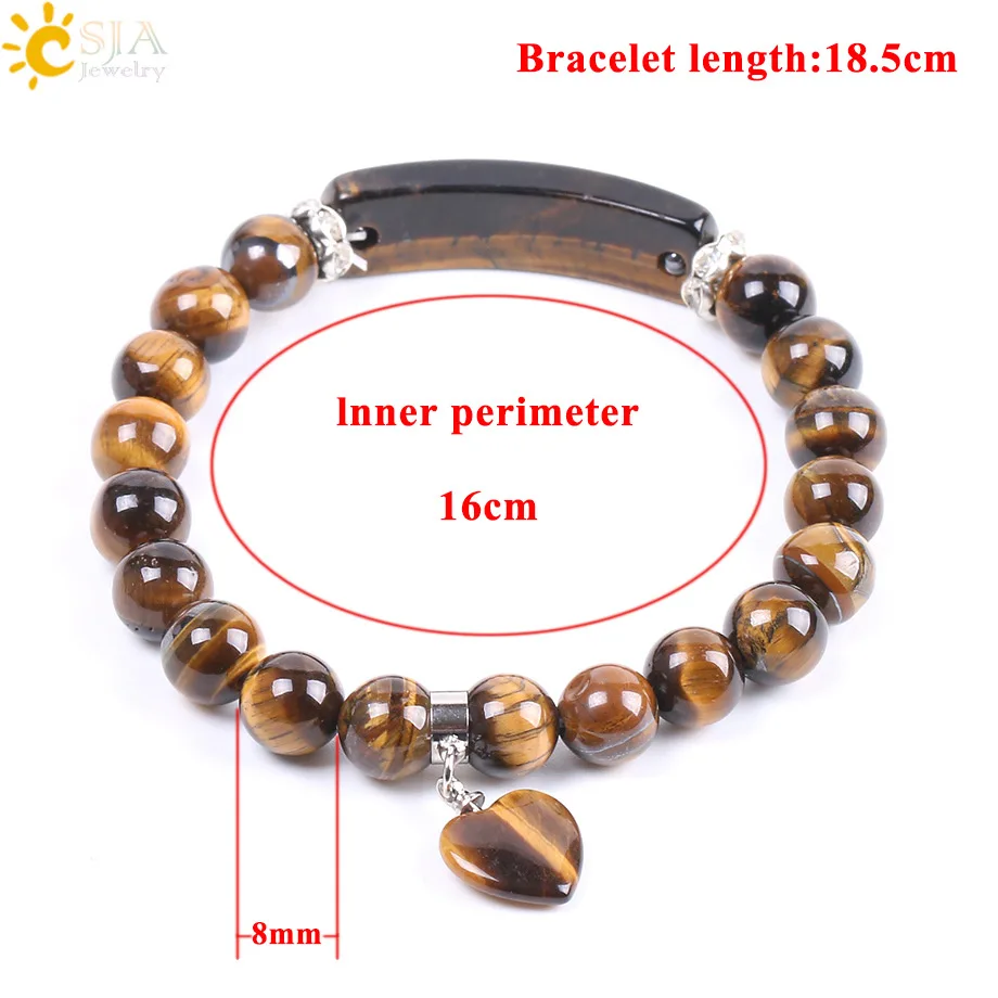 CSJA Natural Stone Beads Tiger Eye Men Strand Bracelets & Bangles Heart Shape Silver Color Fitting Women Jewelry Love F105