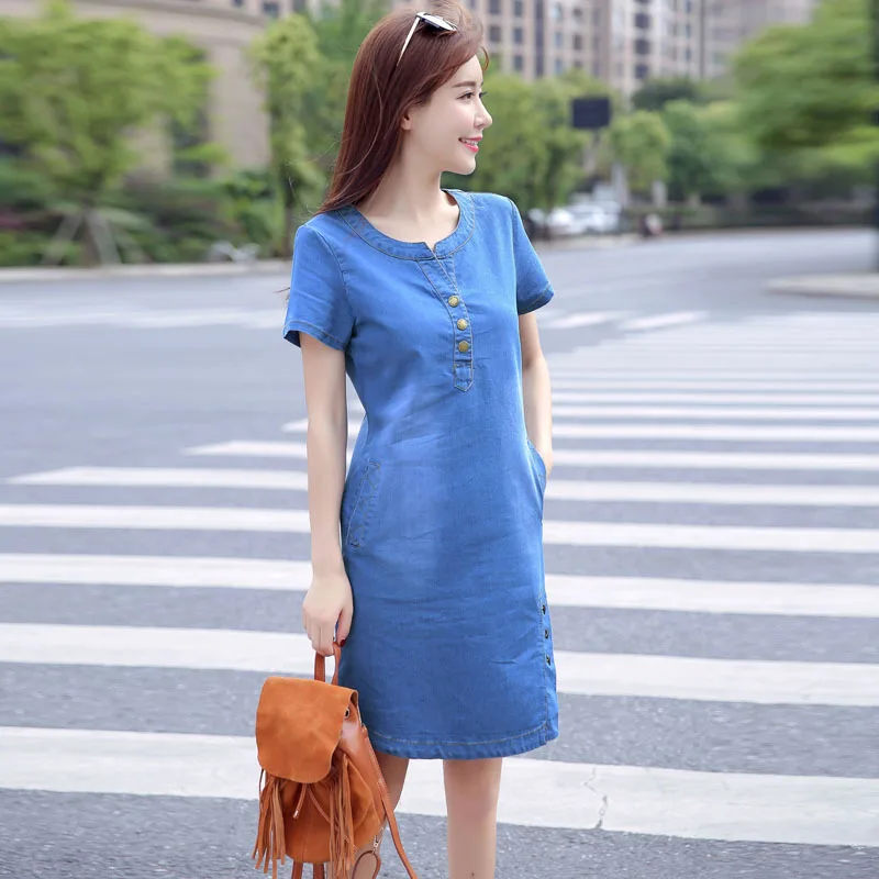 Korean Plus Size Denim Dress For Women Summer Dress 2019 Casual With Button Pocket Sexy Mini Jeans Dress Vintage Large Size 3XL