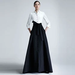 Autumn Winter Women Skirts Custom Made Empire Waistline A Line Floor Length Maxi Skirt Black Long Skirt With Pockets