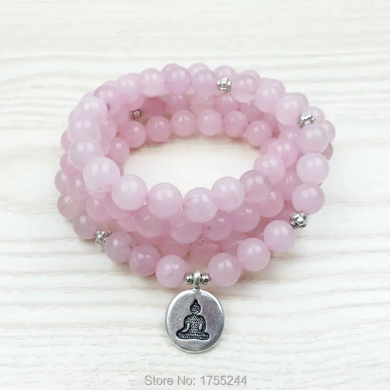 SN1028 Top Sale Love 108 Rose Quartz Mala Beads Bracelet Women Yoga Jewelry Buddhist Necklace Heart Chakra Lotus Charms Brace