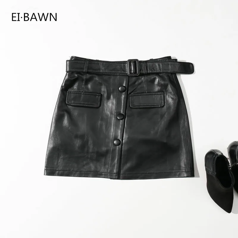 

2020 Plus Size Leather Skirts Women Black High Waist A-line Mini Skirts Women Korean Short Black Real Leather Skirt for Sale