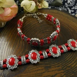 Tibetan Silver color Bohemia Bracelet Bead Stone Adjust Size Bangle Hot sale Jewelry Blue/Red/Black A207G