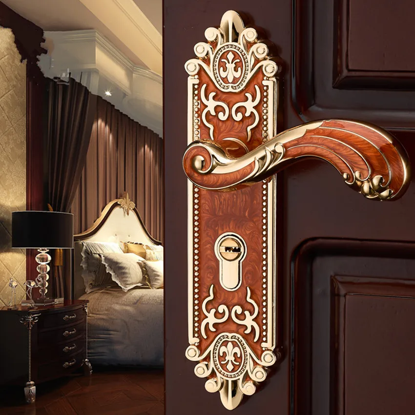 

European interior door lock bedroom handle door lock room solid wood home mute black door lock amber red / white lock