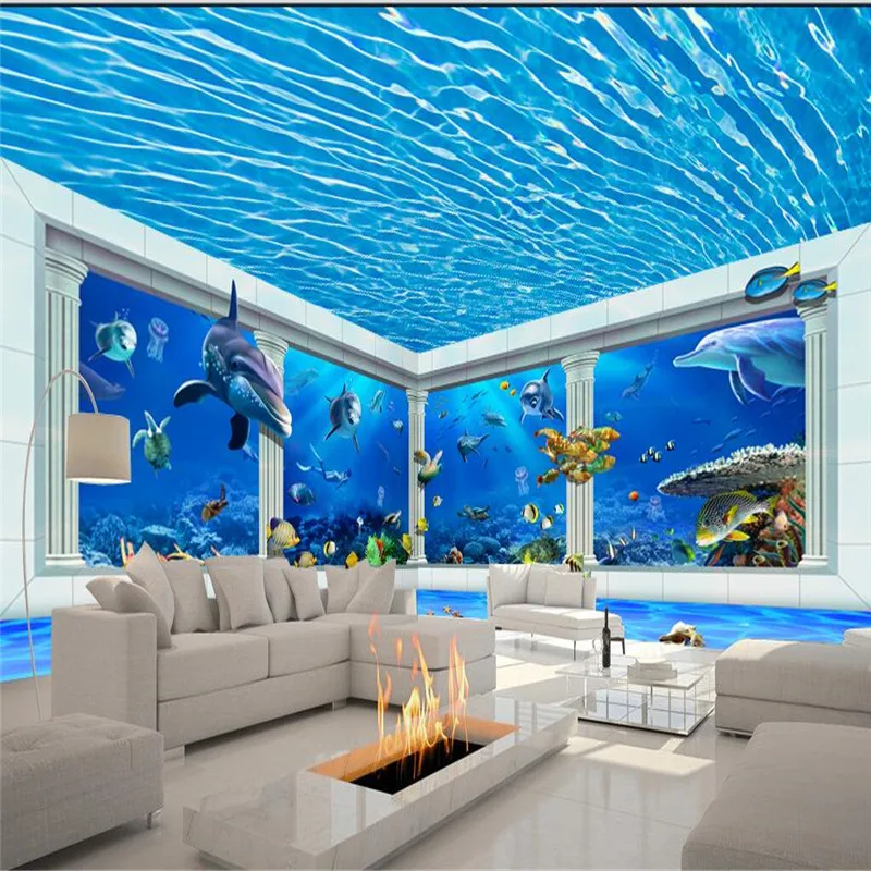 

custom Wallpaper Dolphin Roman Pillar Ripples Background Modern Art Mural wallpapers for Living Room Large Painting Home Decor