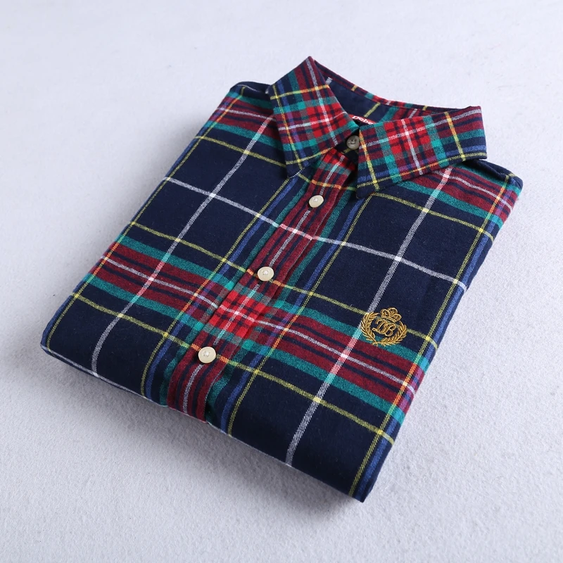 Brand New Flannel Plaid Shirt Women 2021 High Quality Women Blouses 100%Cotton embroidery Casual Long Sleeve Shirt Tops 27 Color