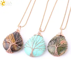 CSJA Tree of Life Water Drop Necklace & Pendants Rose Gold Color Wrap Wire Natural Gem Stone Purple Pink Quartz Opal Chakra E640