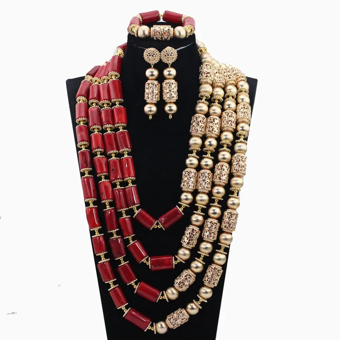 

Luxury Nigerian Wedding African Coral Beads Jewelry Set Real Coral Bead Big Necklace Jewelry Set for Women Bride Gift ABH869