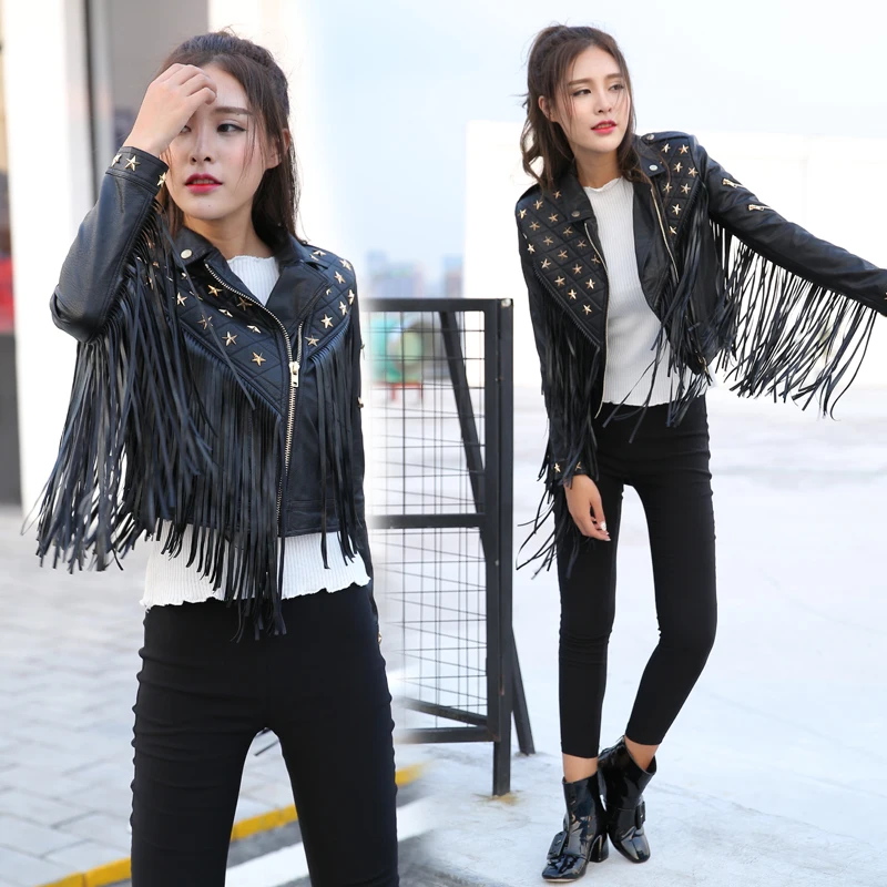 2021 New Fashion Slim Rivets Tassels Locomotive Leather Jacket Coat Women's Leather Clothing Singer Costumes