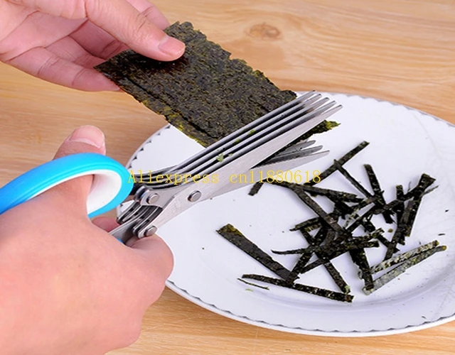 50pcs/lot Free Shipping Stainless Steel Kitchen Knives 5 Layers Scissors Sushi Shredded Scallion Cut Herb Spices Scissors