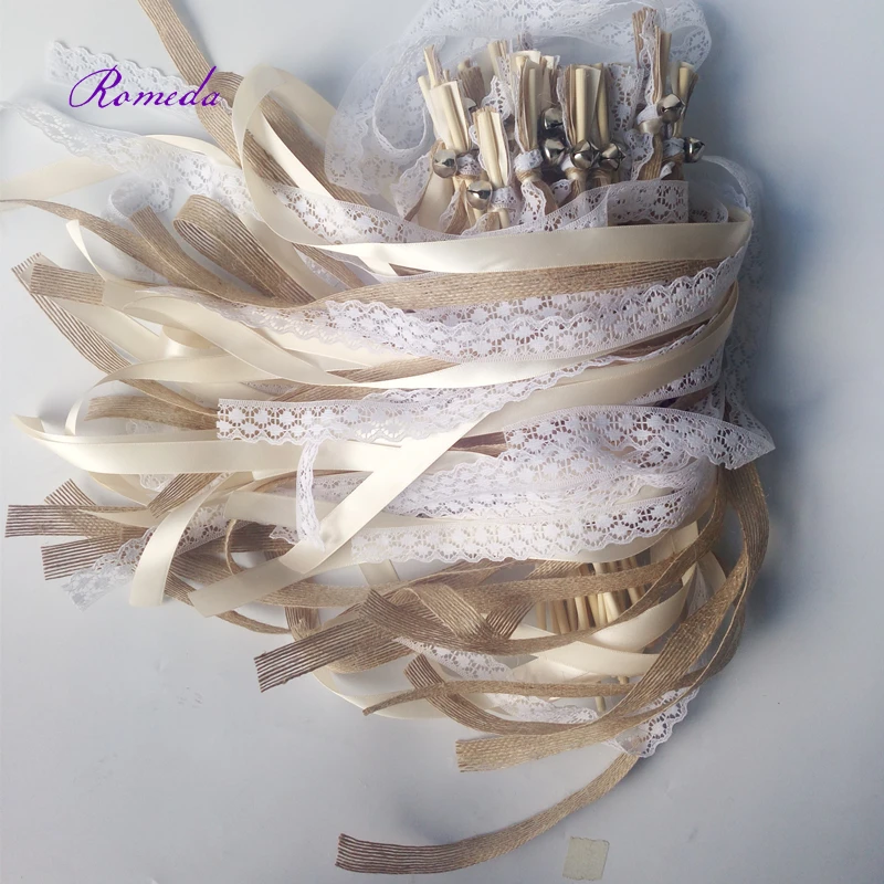 New  30/20/10pcs/lot Champagne + jute + lace wedding Ribbon Wands stick Confetti Stream with big sliver Bells for wedding party