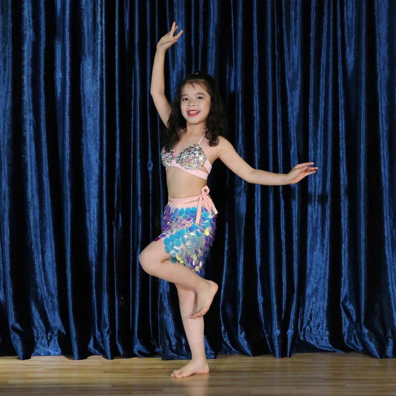 Crianças dança oriental roupa de dança do ventre frisado sutiã cinto saia crianças lantejoulas lágrima lantejoulas hip cachecol sereia traje conjunto