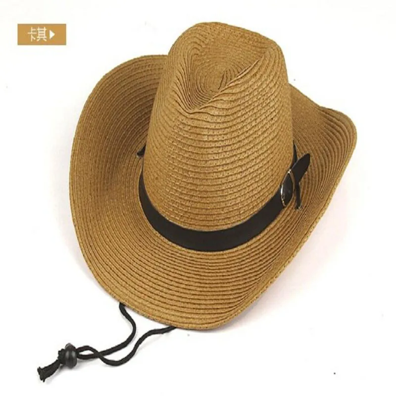 Men Summer Cowboy Knit Straw Hat Fashion Big Wide Brim Casual Beach Sun Sunscreen Block UV Protection Leather Belt Buckle Cap W1