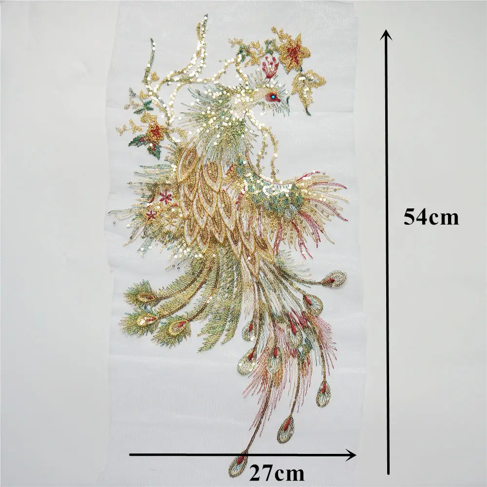 54CM Green Sequins Phoenix Peacock Feather Rhinestone Flowers Mesh Lace Trims Sew On Patches Embroidery For Wedding Appliques