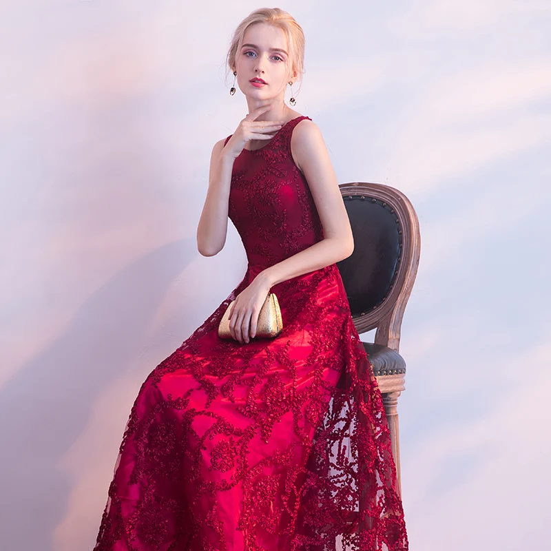 weiyin New 2023 Evening Dress Elegant Banquet Wine Red Lace Sleeveless Floor-length Long Party Formal Gown Robe De Soiree WY1522