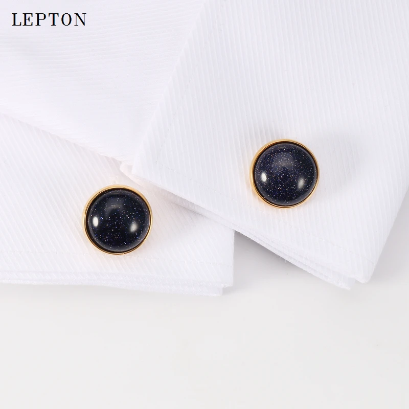 Hot Sale Blue sand stone Cufflinks for Mens Shirt Cuff Cuff links Silver Color Lepton Low-key Luxury Round Sand Stone Cufflinks