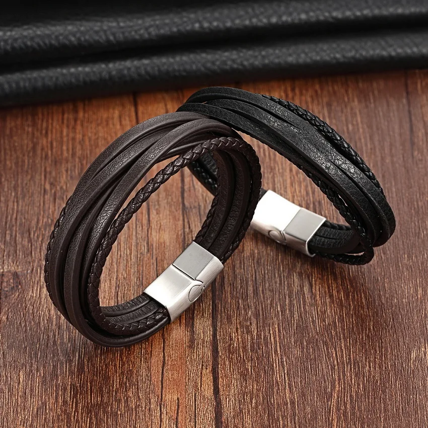 

XQNI Multi-layer Stainless Steel Buckle Black/Brown Genuine Leather Bracelet For Men Women Classic Design For Surprise Gift