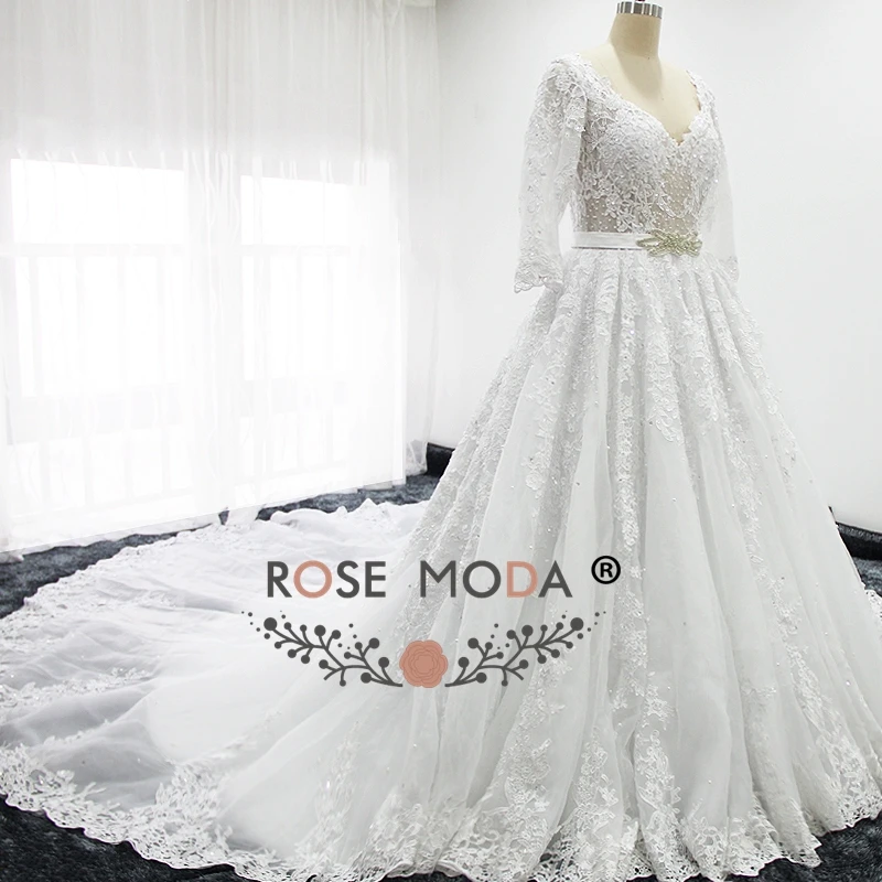 Rose Moda Long Sleeves Lace V Neck Princess Wedding Dress with Royal Train Removable Crystal Sash Real Photos