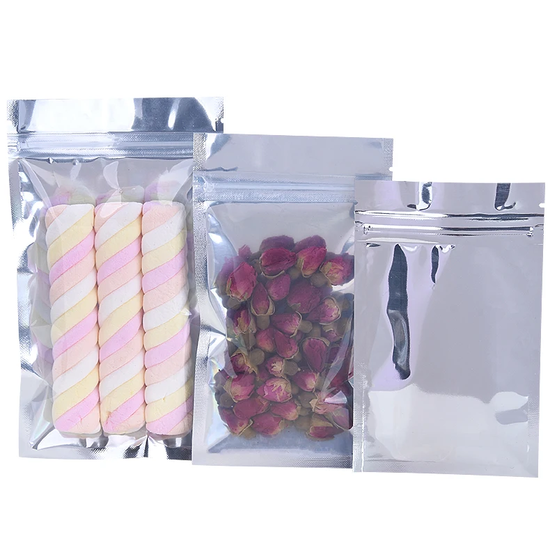 Clear Font Glossy Silver Window Ziplock Bag Resealable Silver Plastic Sugar Candy Coffee Powder Spice Storage Packaging Pouches