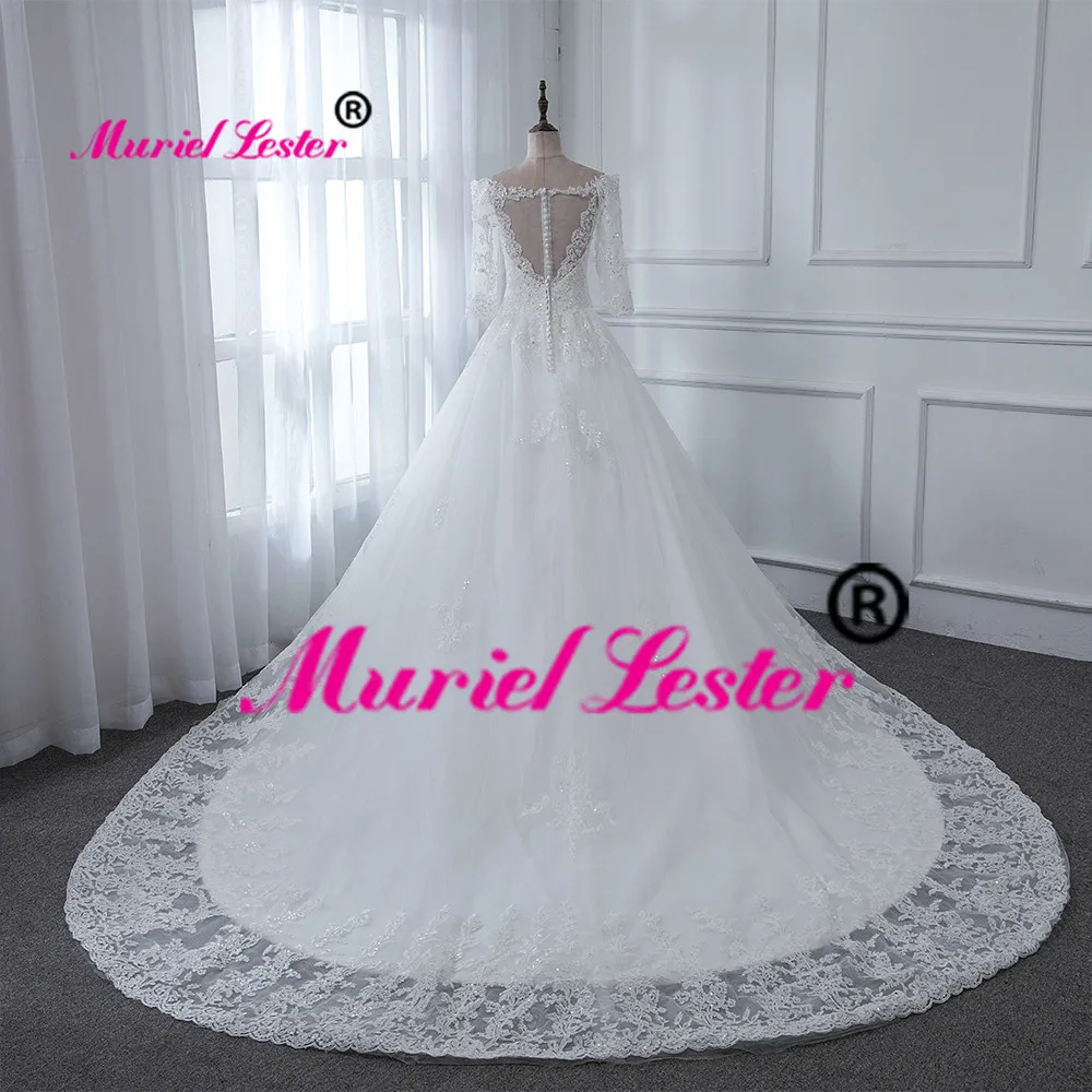 Exquisite Princess Ball Gown Wedding Dresses Custom Made Royal Train V Neck Bride Dress 3/4 Sleeves Appliques Women Clothing