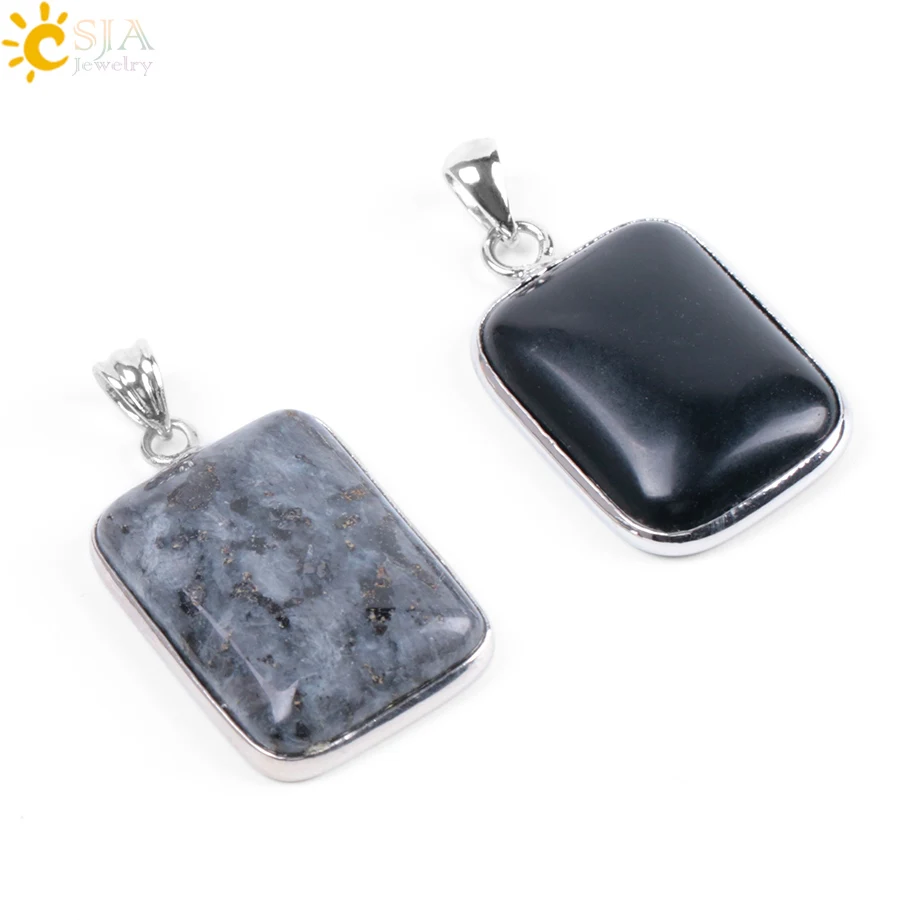 CSJA Rectangle Natural Gem Stone Necklaces Pendants for Mens Reiki Healing Spectrolite Labradorite Black Onyx Bead Jewelry F050