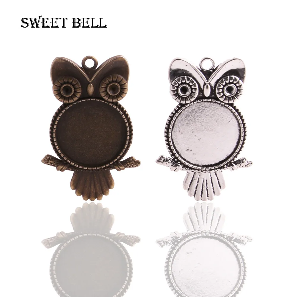 Zoete Bell (15 Stuks/partij) Twee Kleur Metalen Uil 29*44Mm (Fit 20Mm) ronde Cabochon Hanger Instellen Vintage Blank Charms