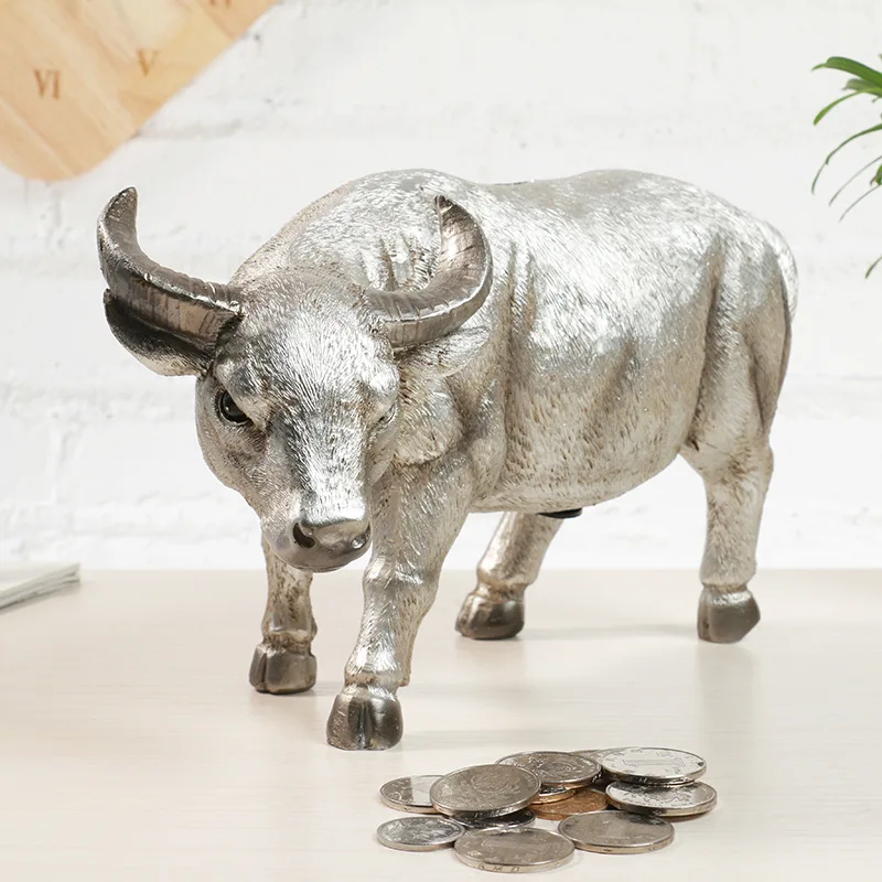 Creative Buffalo Statue Bull Piggy Bank Money Coin Penny Collectible Saving Box Christmas Gift Home Desk Decorative Ornament