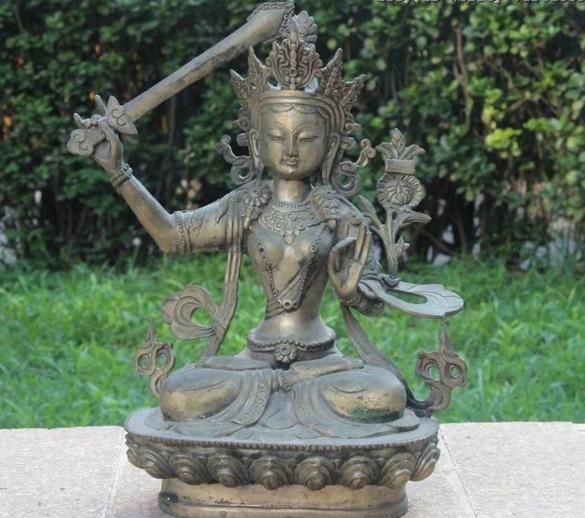 20CM Tibet White Bronze Silver Manjusri Manjushri Kwan-yin GuanYin Bodhisattva Statue