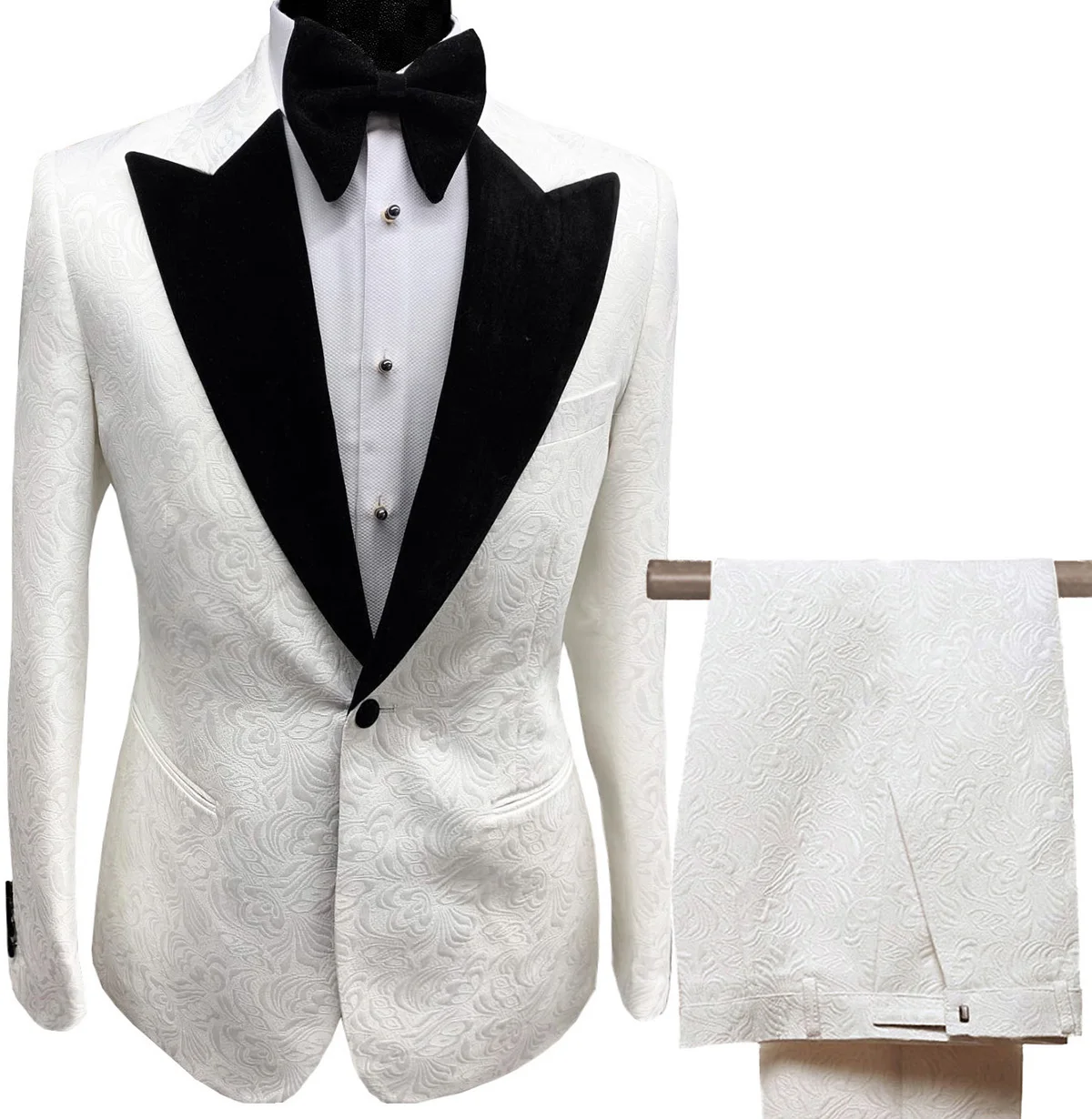 Mens Suits Collar 2 Pieces Slim Fit White Lilac Printed Suit Groom Jacket Tuxedos for Wedding Dress Evening(Blazer+Pants)