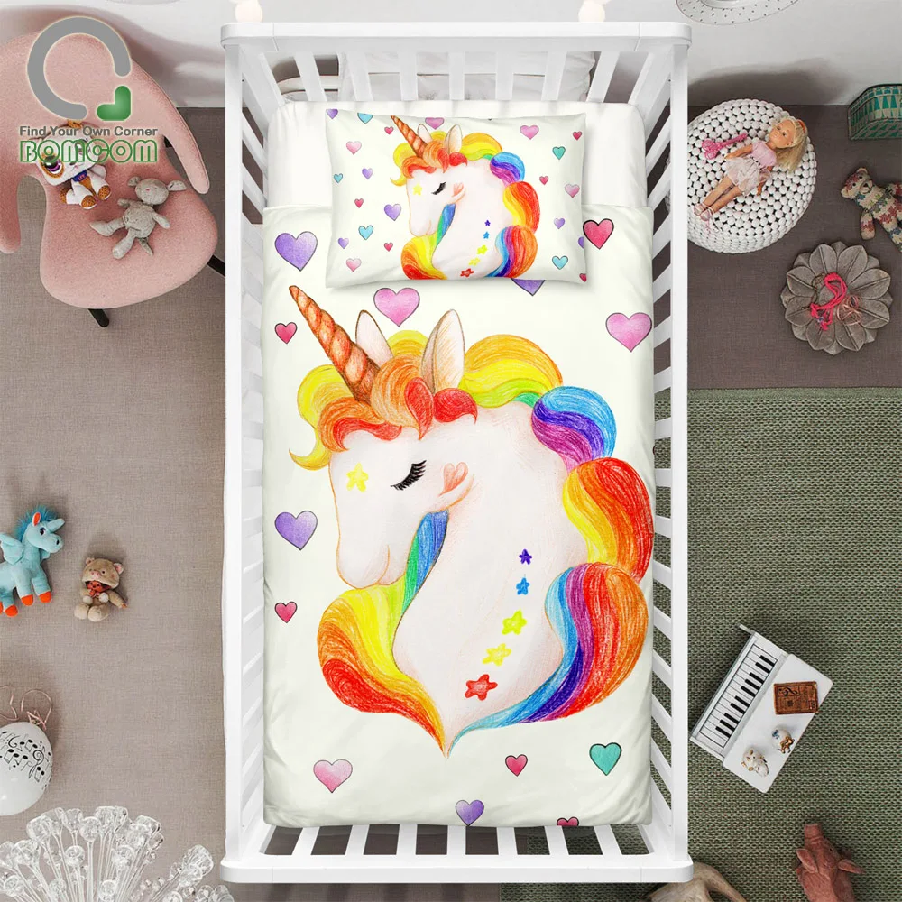 BOMCOM 3D Digital Printing Bedding Set Hand Drawn Color Pencil Unicorn and Heart 3-Piece Duvet Cover Sets 100% Microfiber