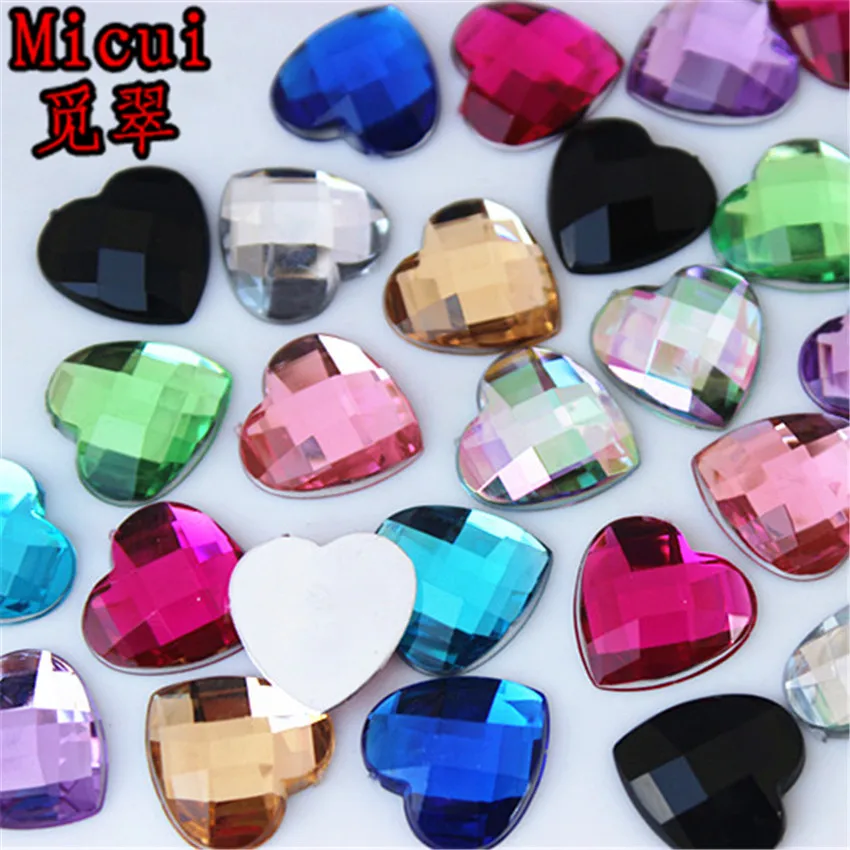 Micui 100pcs 14mm Heart Acrylic Rhinestones Flat Back Crystal Stones for Clothing Crafts Decorations DIY ZZ122