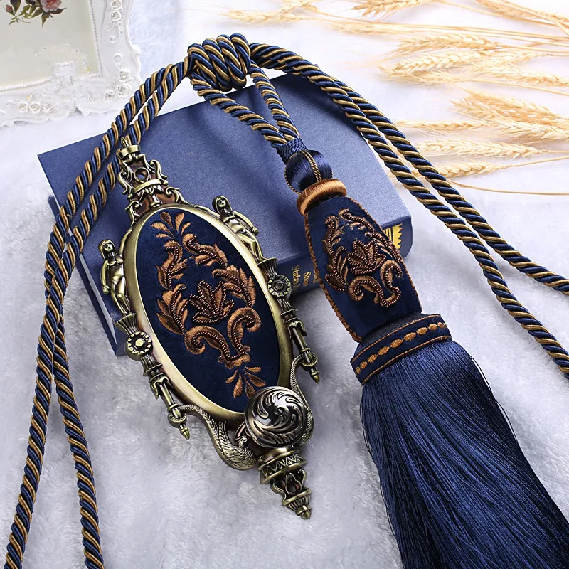 Exquisite 4Pcs/Set  2 Curtain Tiebacks With 2 Hooks Embroidery Tieback Tassel Brush Ropes Curtain Holdbacks Tie Tape Wall Hook